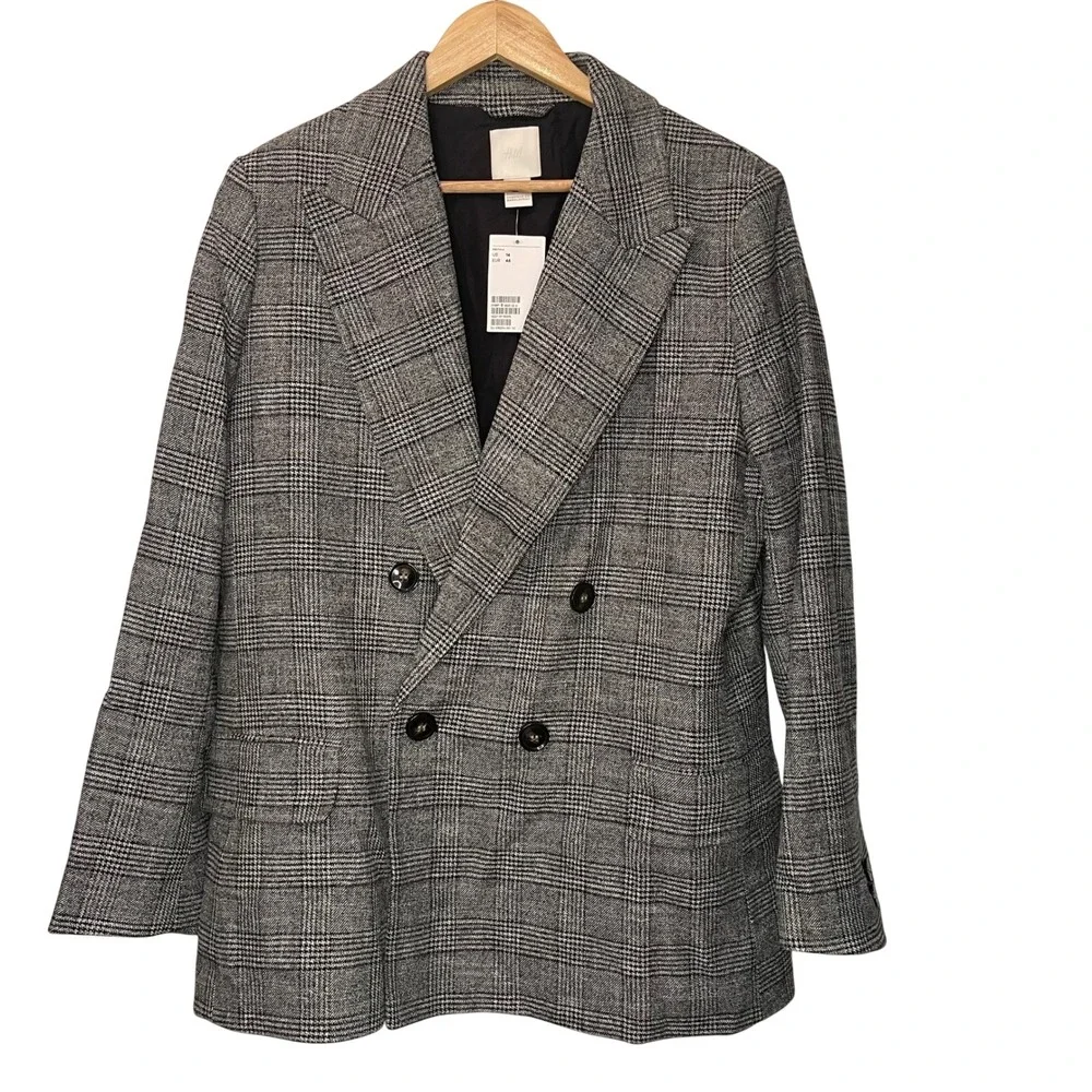 H&M Plaid Double Breasted Blazer Suit Jacket Women 14 Gray Black White NWT Heavy